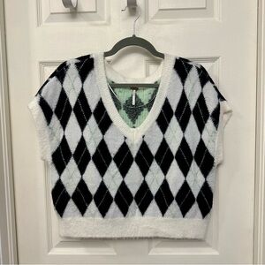 Free People Through the Motions Cropped Black-White Argyle Plaid Sweater Vest